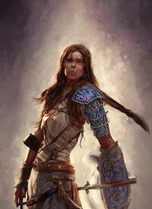 Image similar to highly detailed painting of a cleric warrior woman by jon foster, high fantasy, trending on artstation