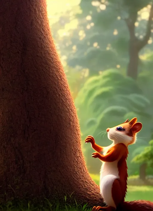 Image similar to a wholesome animation key shot of a cute squirrel, close - up, tree in the background, leaves in the foreground, studio ghibli, pixar and disney animation, sharp, rendered in unreal engine 5, anime key art by greg rutkowski, bloom, dramatic lighting