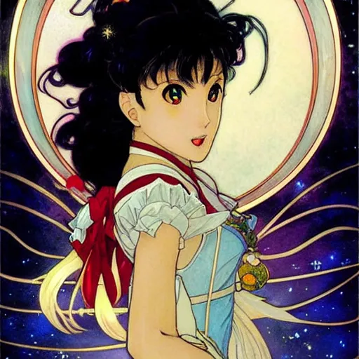 Image similar to Portrait of Sailor Moon by Naoko Takeuchi. Art by Greg Rutkowski and Alphonse Mucha