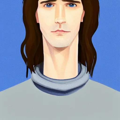 Image similar to gangly brunette man with hair long on top medium down the sides, blond beard, small chin, rectangular face, thin lips, English heritage, small blue eyes, middle aged, wearing a turtleneck and jacket, pale skin, narrow face, digital art, painterly, cartoon, cute, 8k, illustration, art by loish, painterly, trending on artstation, medium shot, uncropped