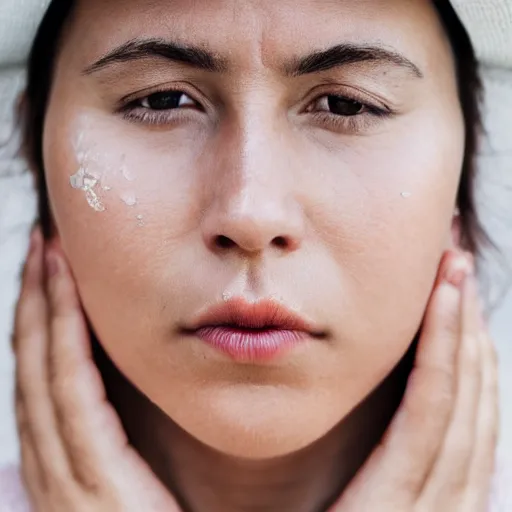 Prompt: minimalist photography portrait of an adorned merowinger woman, symmetrical, super close up, mid thirties, cute round slanted eyes, caucasian, wide nostrils, high cheekbones, full cheeks, high flat eyebrows, angelic, ethereal essence, leica 1 0 0 mm f 0. 8