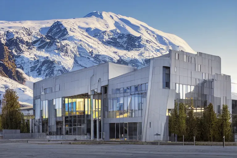 Image similar to architecture photo modern fachwerk school with Elbrus mountain on the background, architecture, photorealism 8k , shining and happy atmosphere, uplight, high details