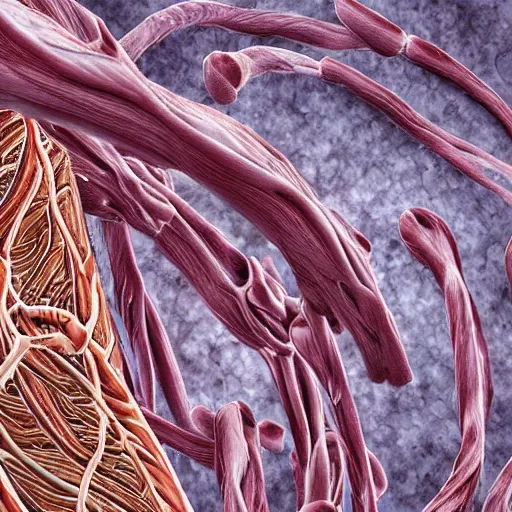 Prompt: detailed realistic illustration of damaged myofibrin muscle fibres