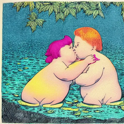 Image similar to the same style. the most beautiful little fat sweet girl is kissing a huge colorful cute fish. modern etching. colored print. hype realistic scene.