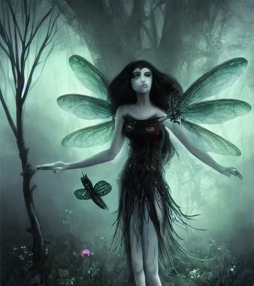 Image similar to gothic fairy with dragonfly wings, digital painting, liminal eerie midnight backlit, a picture taken by Michael Komarck