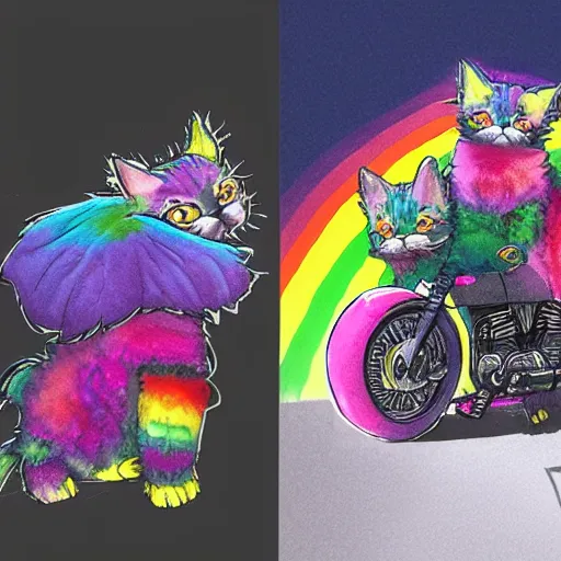 Image similar to wide angle full body, jacket wearing fluffy cute rainbow kitten wearing a black leather motorcycle jacket, concept art