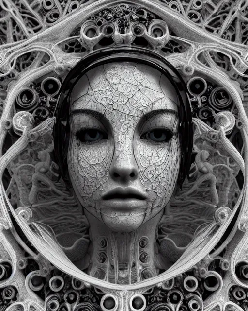 Image similar to mythical dreamy black and white organic bio-mechanical spinal ribbed profile face portrait detail of translucent steampunk beautiful female angelic-human-queen-vegetal-cyborg, highly detailed, intricate trnaslucent ivy jelly ornate, poetic, translucent roses ornate, 3D render, digital art, octane render, 8K artistic photography, photo-realistic, by Dora Maar