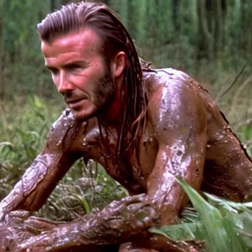 Prompt: cinematic still of david beckham, covered in mud and watching a predator in a swamp in 1 9 8 7 movie predator, hd, 4 k