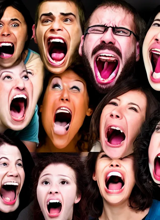 Prompt: photograph of the screaming faces of people who do not exist yet, large mouth, gaping maw