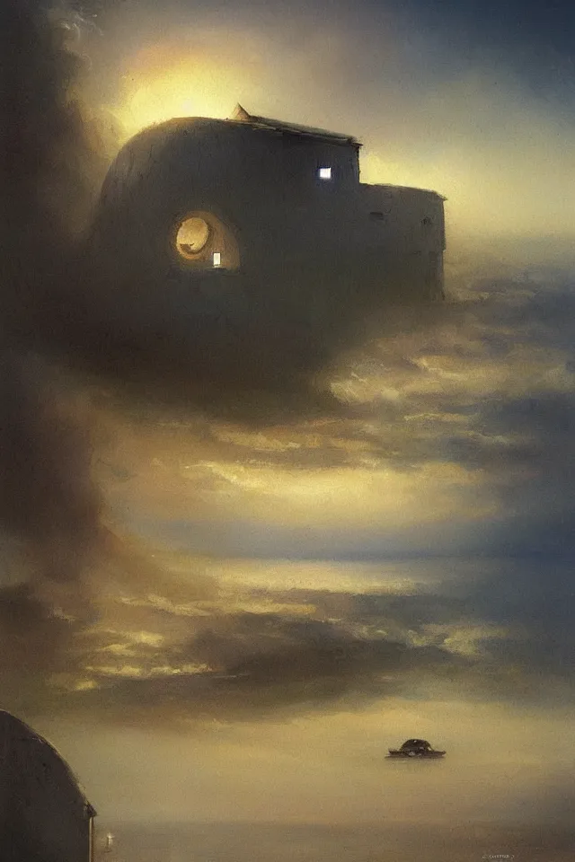 Image similar to painting of a single giant seashell house where a young girl lives by john harris, atmospheric, concept art