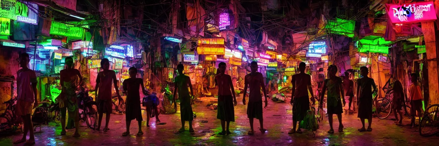 Image similar to Cyberpunk Residents, futuristic Phnom-Penh Cambodia, neon dark lighting