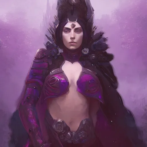 Prompt: masterpiece digital painting of a woman knight portrait, visible face, heavy black obsidian armor, chaotic ruby inlays, large cape, by kev walker and greg rutkowski and mucha, atmospheric fog effects background, purple sparkles, artstation, deviantart, full body view, cinematic lights