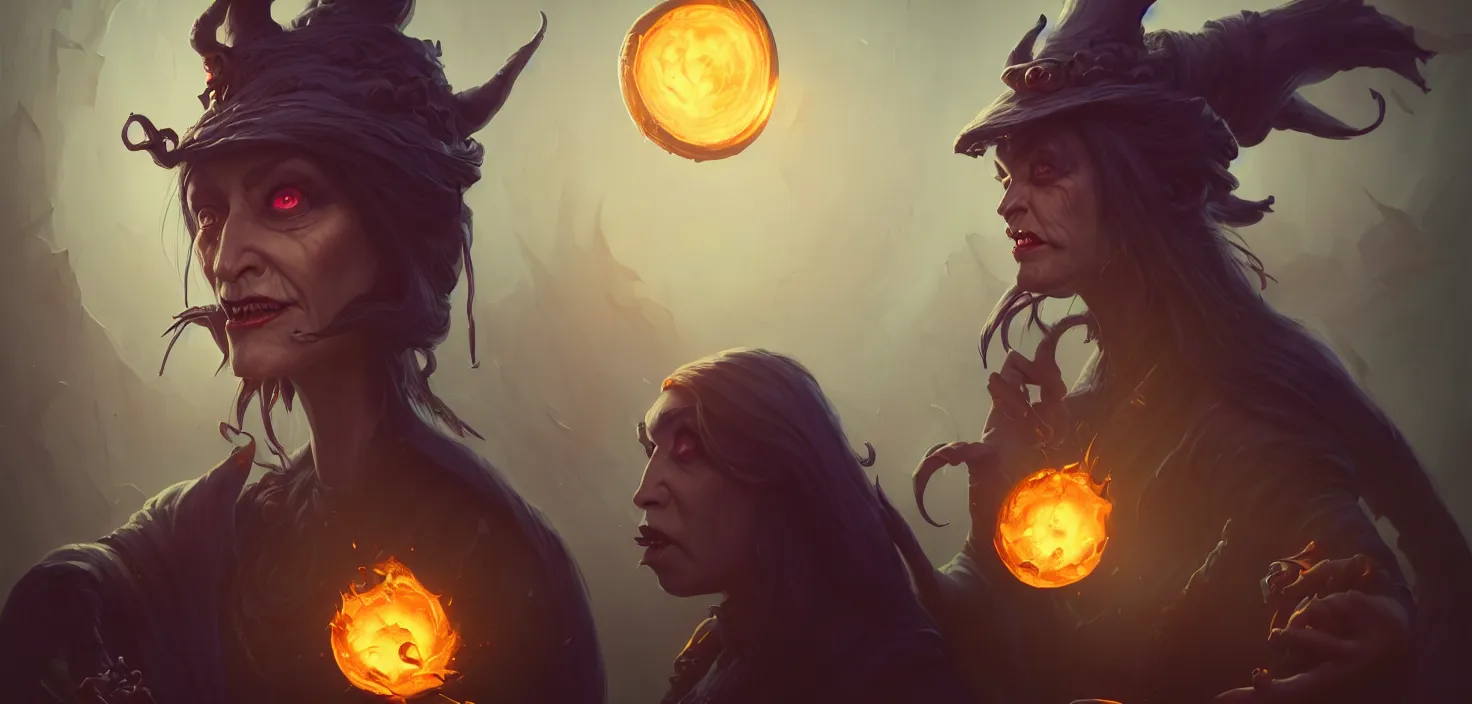 Image similar to portrait of a terrible mad witch, the ghost, cinematic view, by dom qwek, fish eye view, trending on polycount, artstation, 3 d hammer modeling, hd, vray, 8 k, sharp high quality artwork in style of greg rutkowski, concept art, blizzard warcraft artwork, hearthstone card artwork