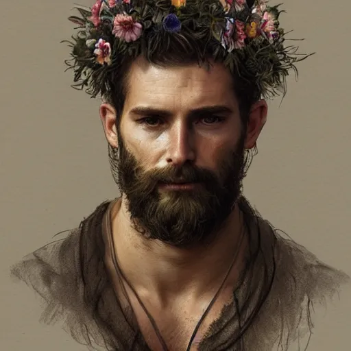 Image similar to portrait of the god of the meadow, 30 years old, meadow, flower crown, rugged, male, gorgeous, detailed face, amazing, hairy torso, muscular, intricate, highly detailed, digital painting, artstation, concept art, sharp focus, illustration, art by greg rutkowski and alphonse mucha