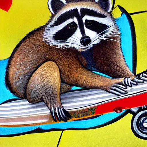 Image similar to detailed painting of a raccoon riding a skateboard