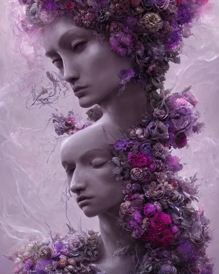 Image similar to a sculpture of interlaced gorgeous etherial females, made of mist, made of flowers, a digital painting, Andrew Ferez, Charlie Bowater, Marco Mazzoni, Seb McKinnon, Ryohei Hase, Alberto Seveso, Kim Keever, trending on cgsociety, featured on zbrush central, new sculpture, mystical