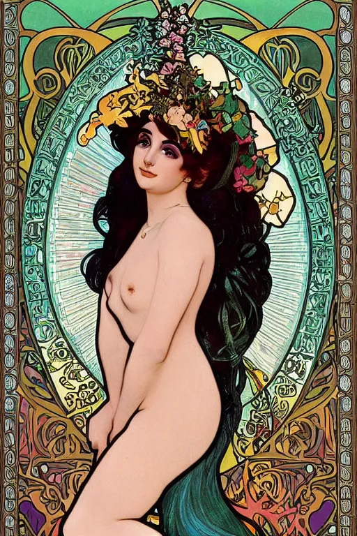 Prompt: realistic detailed face portrait of Mermaid Elizabeth Taylor, by Alphonse Mucha, and Lisa Frank, Art Nouveau, Neo-Gothic, gothic, rich deep colors