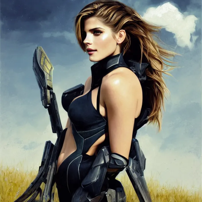 Image similar to portrait of a combination of Ashley Greene, Katheryn Winnick, Victoria Justice, Adriana Dxim, Grace Kelly and Emma Watson wearing Interceptor's armor from Anthem, countryside, calm, fantasy character portrait, dynamic pose, above view, sunny day, thunder clouds in the sky, artwork by Jeremy Lipkin and Giuseppe Dangelico Pino and Michael Garmash and Rob Rey and Greg Manchess and Huang Guangjian, very coherent asymmetrical artwork, sharp edges, perfect face, simple form, 100mm