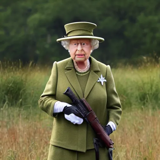 Prompt: Queen Elizabeth II wearing an army uniform while holding a rifle on a battlefield, highly detailed, high quality, HD, 4k, 8k, Canon 300mm, professional photographer, 40mp, lifelike, top-rated, award winning, realistic, sharp, no blur, edited, corrected, trending