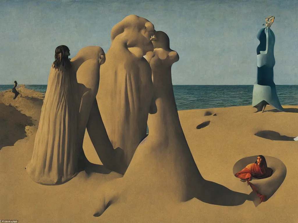 Prompt: Hermit living under the giant dress of a woman, making surreal sculptures in the sand. Still life with teeth. Zurbaran, Rene Magritte, Jean Delville, Max Ernst, Roger Dean