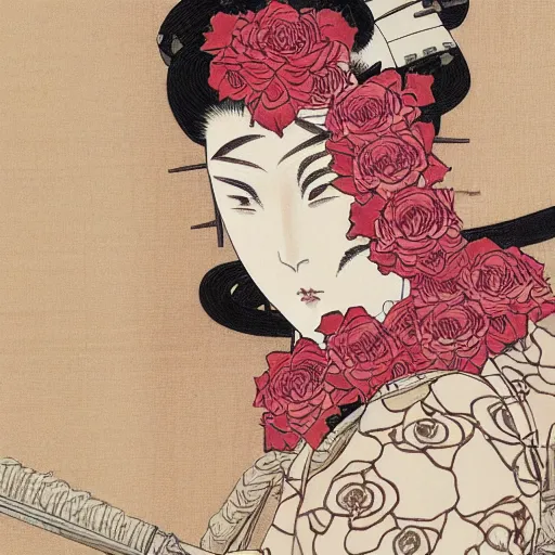 Prompt: a ultra detailed illustration of a samurai, roses, vines, by Takato Yamamoto, trending on ArtStation,