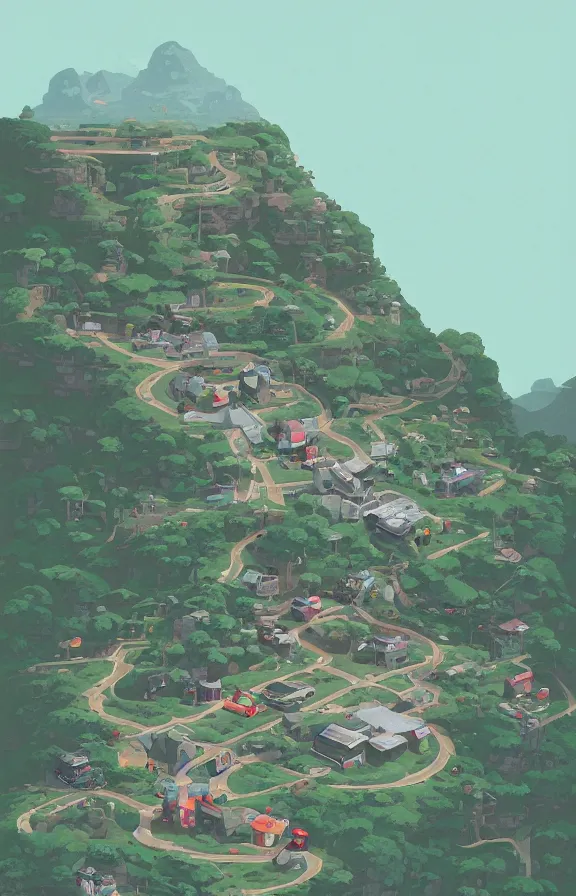 Prompt: house and roads on a mountain, sharp focus, james gilleard, akira toriyama, print, game art