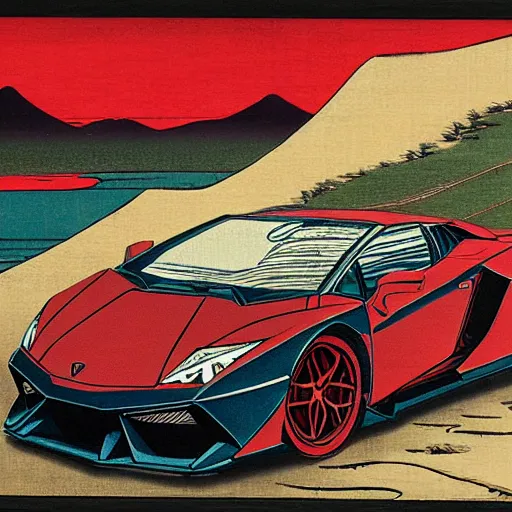 Prompt: ukiyo - e painting of a lamborghini