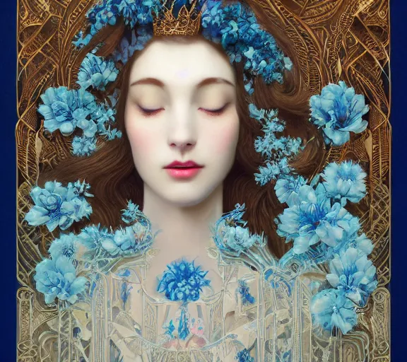 Image similar to breathtaking detailed concept art painting art deco pattern a beautiful wavy brown haired man with pale skin and a crown on his head sitted on an intricate metal throne light - blue flowers with kind piercing eyes and blend of flowers and birds, by hsiao - ron cheng and john james audubon, bizarre compositions, exquisite detail, extremely moody lighting, 8 k h 1 0 2 4