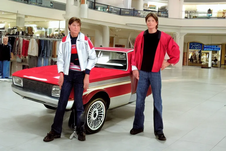 Prompt: marty mcfly modeling at a shopping mall