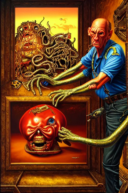 Image similar to a hyperrealistic painting of a lost treasure found being guarded by monstrosity, cinematic horror by jimmy alonzo, the art of skinner, chris cunningham, lisa frank, richard corben, highly detailed, vivid color,