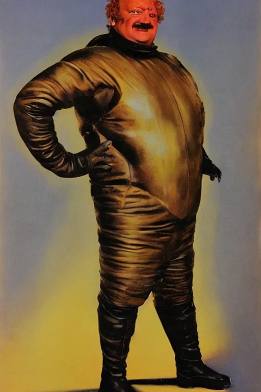 Prompt: full body portrait of actor kenneth mcmillan as baron harkonnen wearing leather spacesuit in dune, colour painting by normal rockwell and phil hale