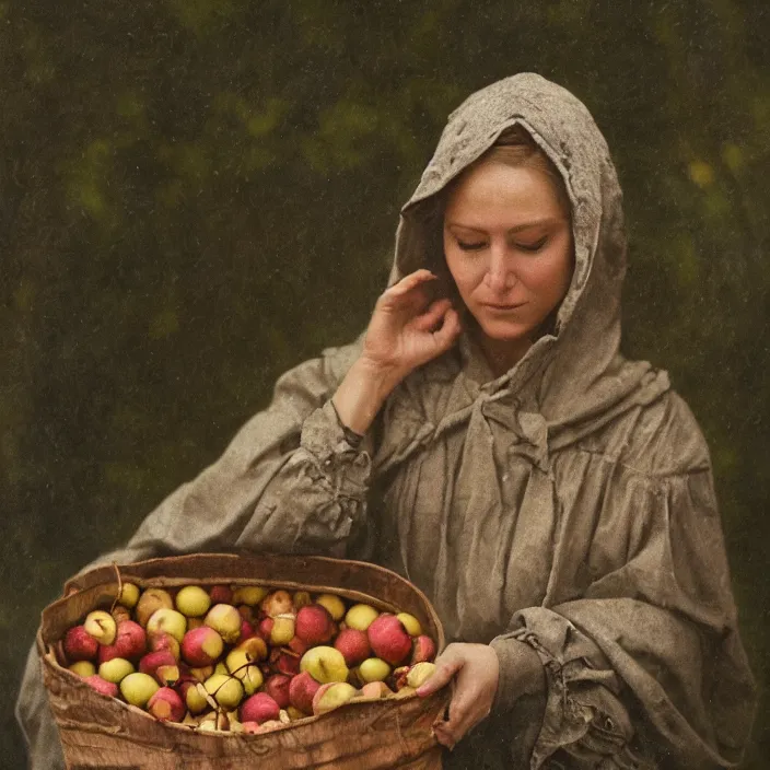 Image similar to a closeup portrait of a woman wearing a hood made of beads, picking apples from a tree, foggy, moody, photograph, by vincent desiderio, canon eos c 3 0 0, ƒ 1. 8, 3 5 mm, 8 k, medium - format print