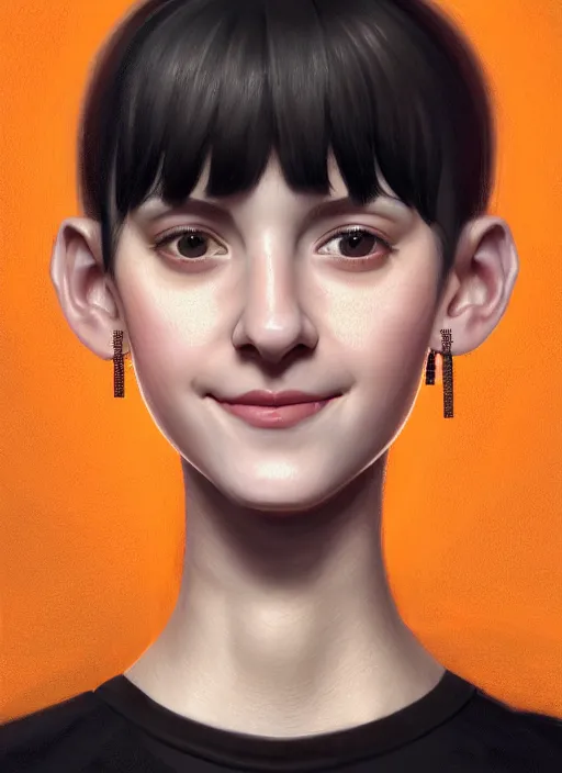 Image similar to portrait of high school girl, realistic, black hair, bangs, half updo hairstyle, pointy nose, skinny, smile, ugly, defined jawline, big chin, orange hair bow, earrings, intricate, elegant, glowing lights, highly detailed, digital painting, artstation, sharp focus, illustration, art by wlop, mars ravelo and greg rutkowski