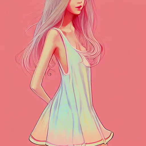 Prompt: happy adult female in sundress, summer dress, pastel light pink very long hair, muted colors, matte print, pastel colors, ornate, digital art, digital painting, fan art, elegant, artstation, head is centered, by Ilya Kuvshinov