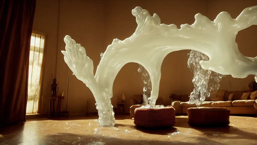 Image similar to a giant hand made of wax and water floats through the living room, film still from the movie directed by Denis Villeneuve with art direction by Salvador Dalí, wide lens