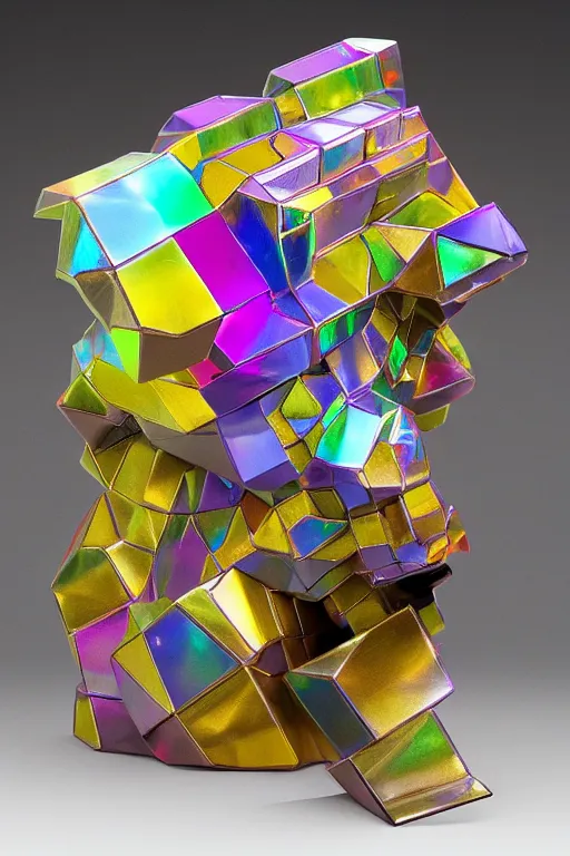 Image similar to a multicolored bismuth golem, an abstract sculpture by ryusei kishida, polycount, crystal cubism, angular, iridescent, made of crystals