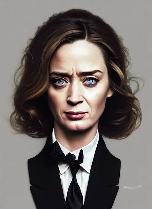 Prompt: portrait of a cat eyed emily blunt as business woman, black suit, white shirt, black tie, intricate, headshot, highly detailed, digital painting, artstation, concept art, sharp focus, cinematic lighting, illustration, art by artgerm and greg rutkowski, alphonse mucha, cgsociety