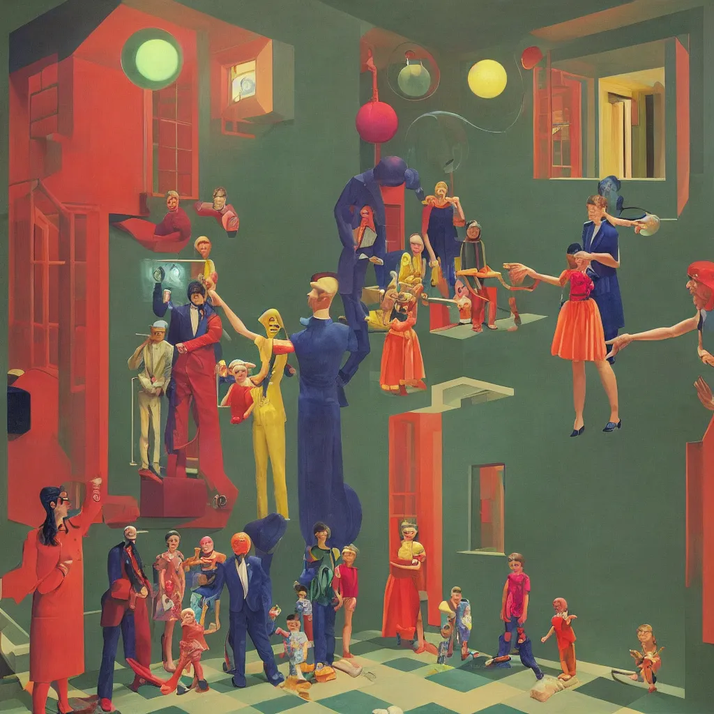 Image similar to painting of a gucci costumed family being shown how to open magic portals by a large glowing alien in their suburban living room maze, designed by gucci and wes anderson, energetic glowing orbs in the air, in the style of edward hopper, james jean, and mc. escher