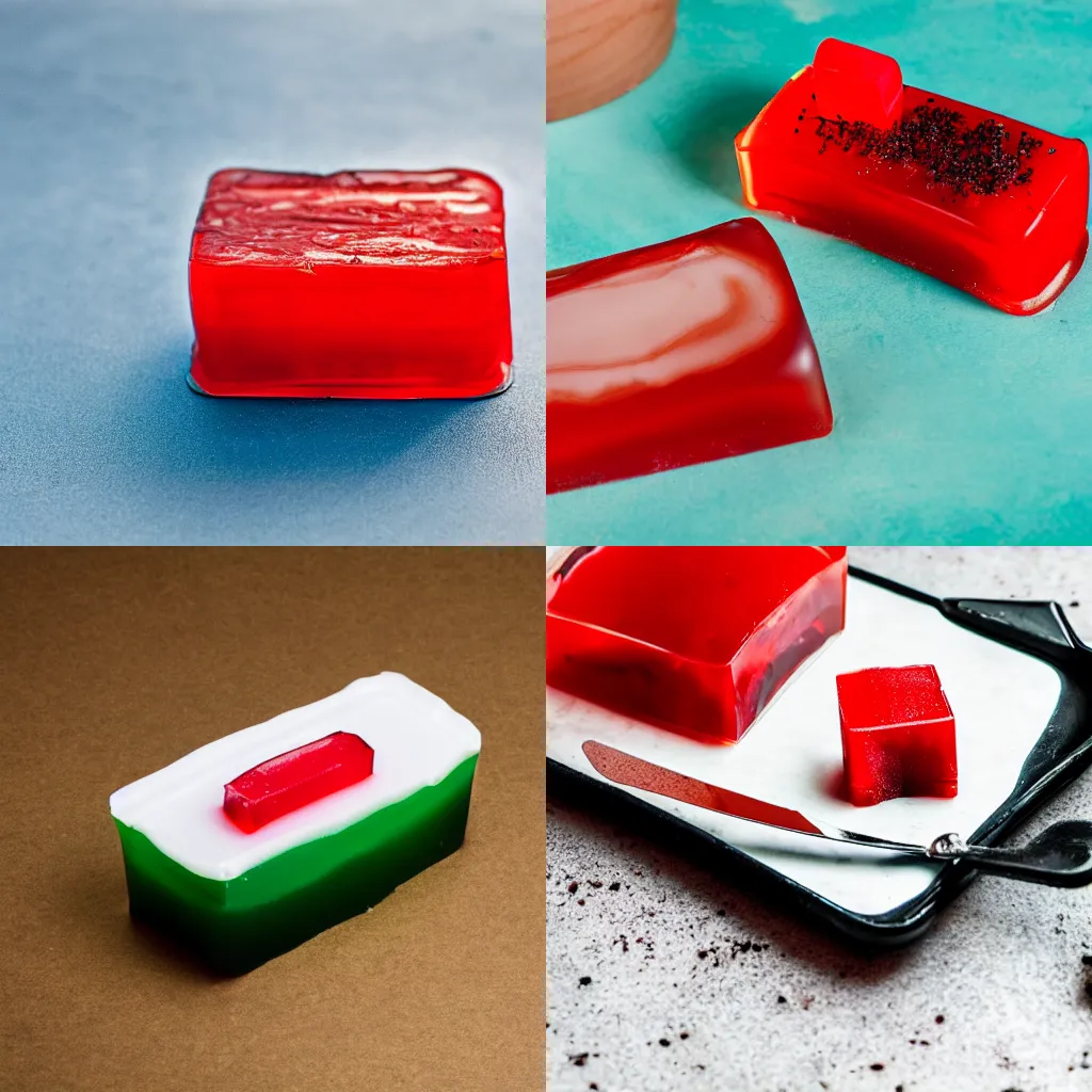 Prompt: a block of jello with a stapler inside, food photography, 44mm lens,