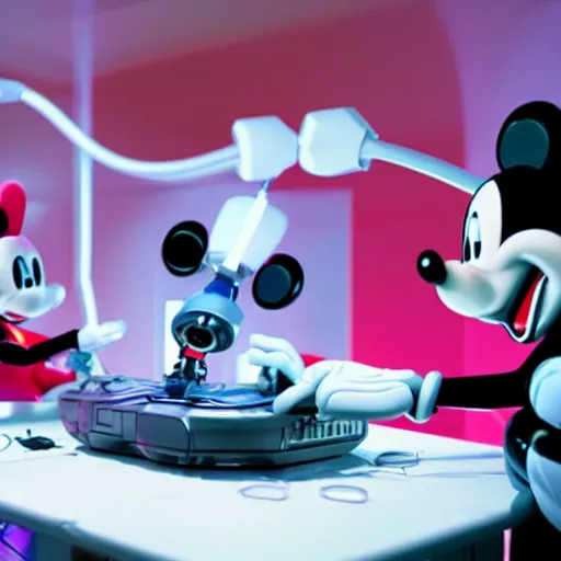 Image similar to a cybertronic mickey mouse being dissected by a group of network executives, on an operating table, octane render, beeple, cgstation, 3 d render, very detailed, mindblowing