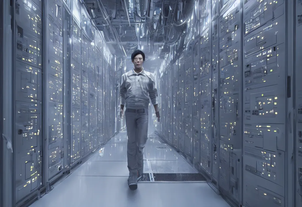 Prompt: shot of film cyborg walking in server room in datacenter by yoichi hatakenaka, octane render 8 k, detailed, beautiful composition, cyberpunk colors