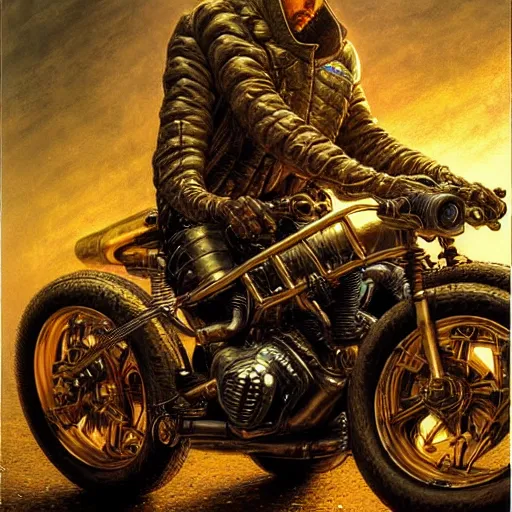 Image similar to cyberpunk motorbiker, atmospheric lighting, painted, intricate, golden hour, ultra detailed by peter gric, giger, enki bilal