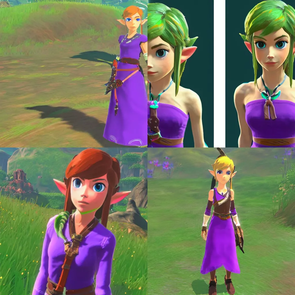 Prompt: female 3d character in the art style of breath of the wild, wearing a purple dress, with green hair, Nintendo Switch, high fidelity, widescreen,