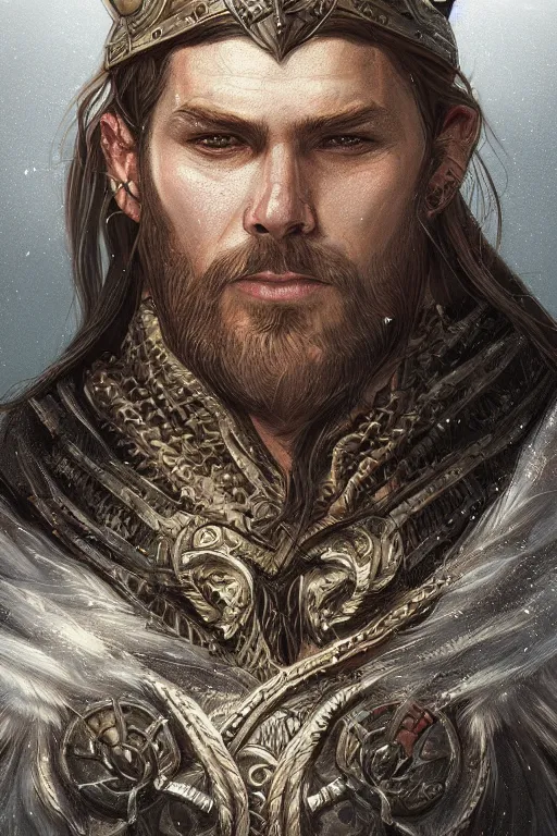 Prompt: half body portrait of a viking king, intricate, highly detailed, digital painting, artstation, concept art, sharp focus, illustration, art by Ross tran
