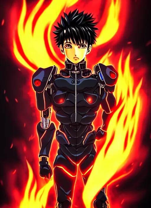 Image similar to a detailed manga full body portrait illustration of a dark haired cyborg anime man surrounded by fire by hirohiko araki, detailed artwork, realism, 4 k resolution, detailed, high quality, sharp focus, hq artwork, insane detail, volumetric lighting, character concept art, fine details, clear subject, central subject