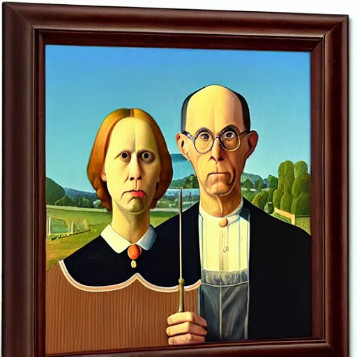 Image similar to fat orange tabby cat and curly haired man in american gothic by grant wood