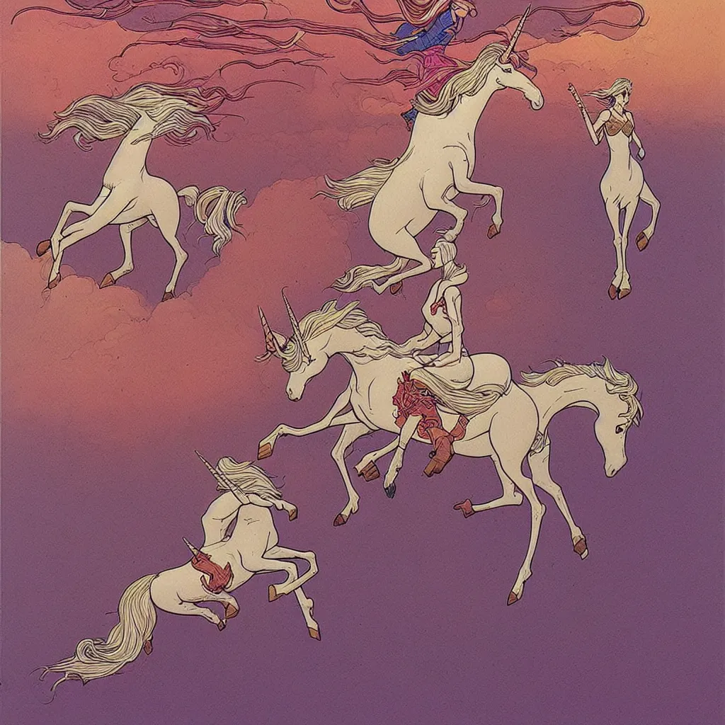 Image similar to woman riding a unicorn by moebius