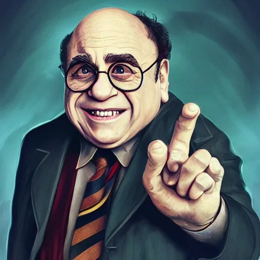 Prompt: full body portrait of danny devito as as Harry Potter, fantasy, highly detailed, digital painting, artstation, concept art, sharp focus, illustration, art by artgerm and Anna Dittmann and Ilya Kuvshinov