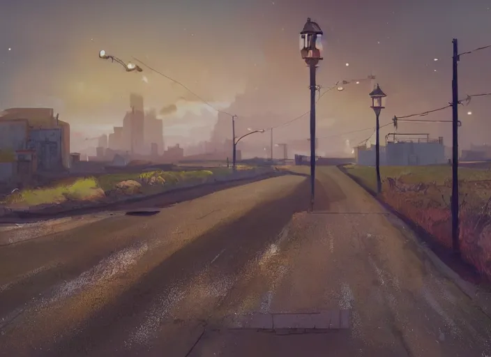 Prompt: a long road leading to a small silhouette of a city on the horizon in the distance, far away. Gas street lamps. Fields on the sides of, the road, desolate. digital illustration, very vibrant colors, soft lighting, adventurous, atmospheric lighting, 8K, octane render. By Makoto Shinkai, Stanley Artgerm Lau, WLOP, Rossdraws, James Jean, Andrei Riabovitchev, Marc Simonetti, krenz cushart, Sakimichan, D&D trending on ArtStation, digital art.