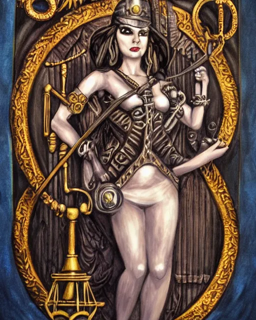 Prompt: lady justice steampunk style, portrait painting